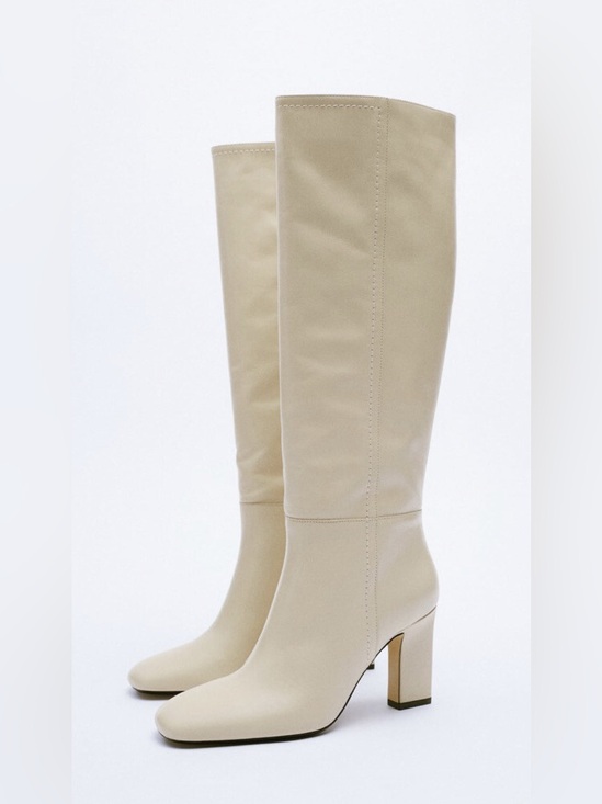 Zara Shoes - Zara Leather Tall Block Heel Boots in Cream/Ecru